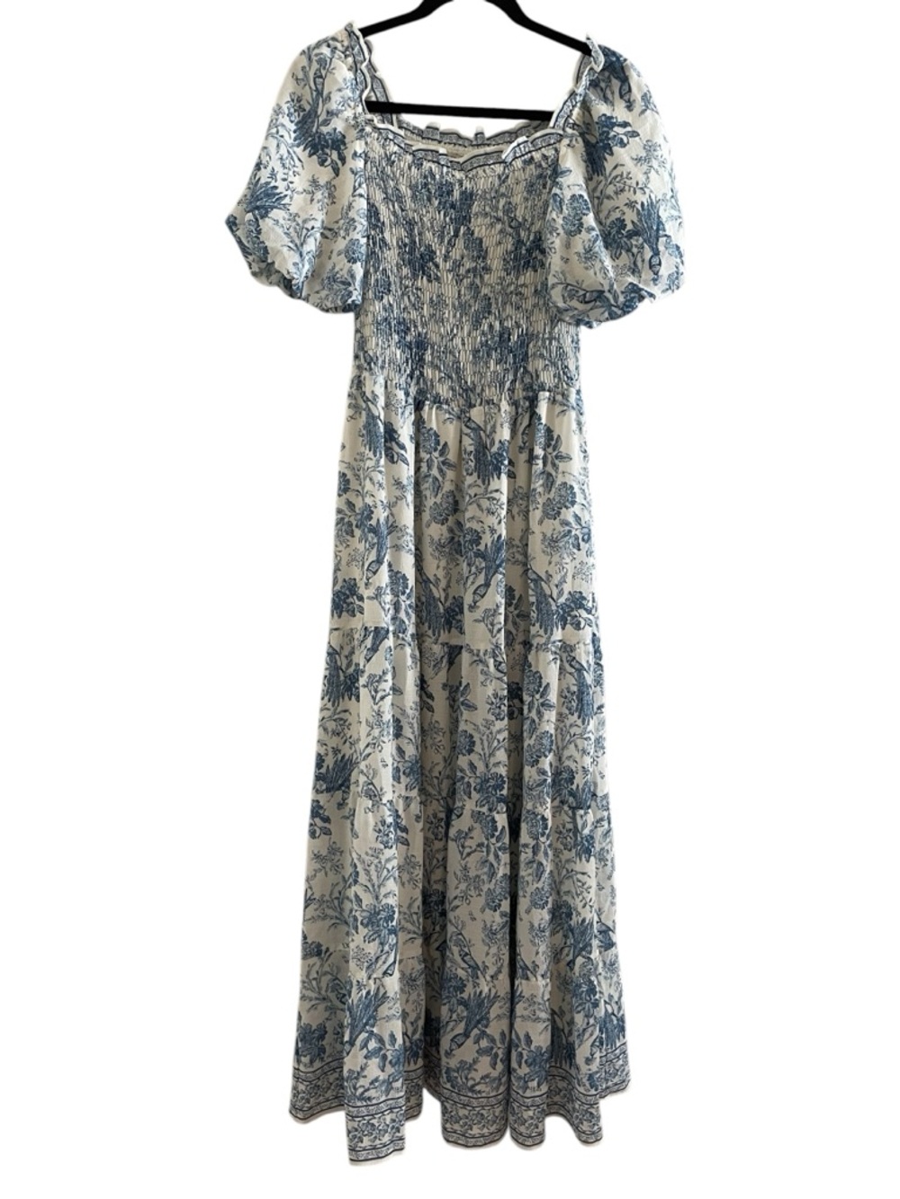 Max Studio Cream and Blue Smocked Floral Puff Sleeve Maxi Dress NWT Size Small